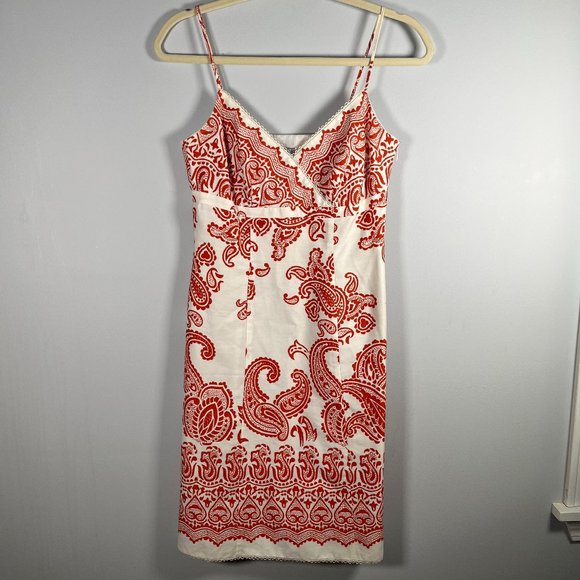 Ann Taylor Paisley Dress Red/White Spaghetti Straps Mini 100% Cotton Size 0P - Picture 1 of 8